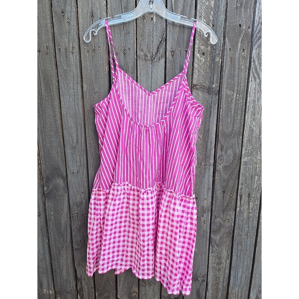 J CREW Dress Cover Up Beach Pink Cotton Gingham Stripe Tiered Ruffle Size S - Picture 3 of 6